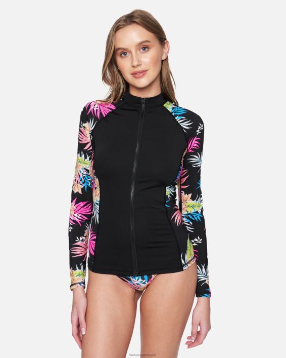 hana lynlås foran, langærmet rashguard Kvinder sort tøj Hurley D404N493